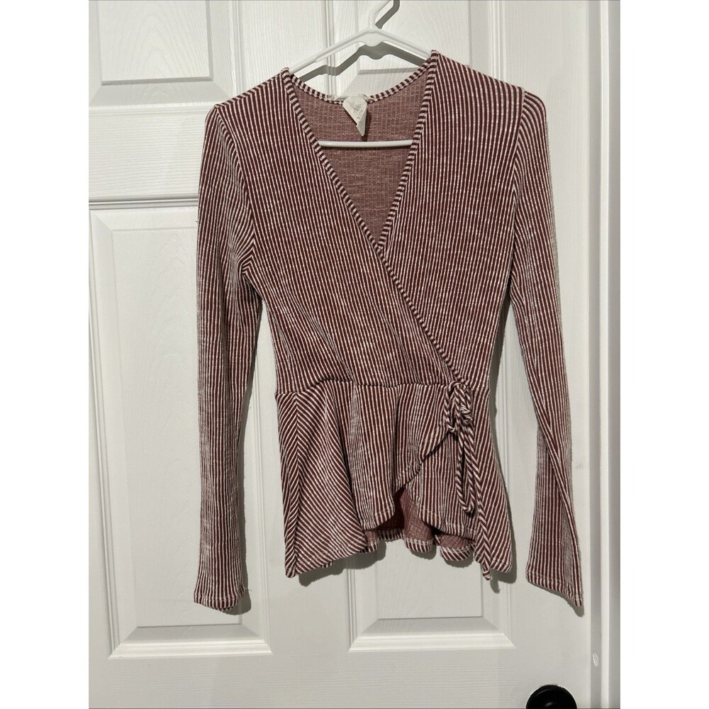 Caution to the Wind Top Medium Red White Stripe Wrap Y2K V Neck Long Sleeve